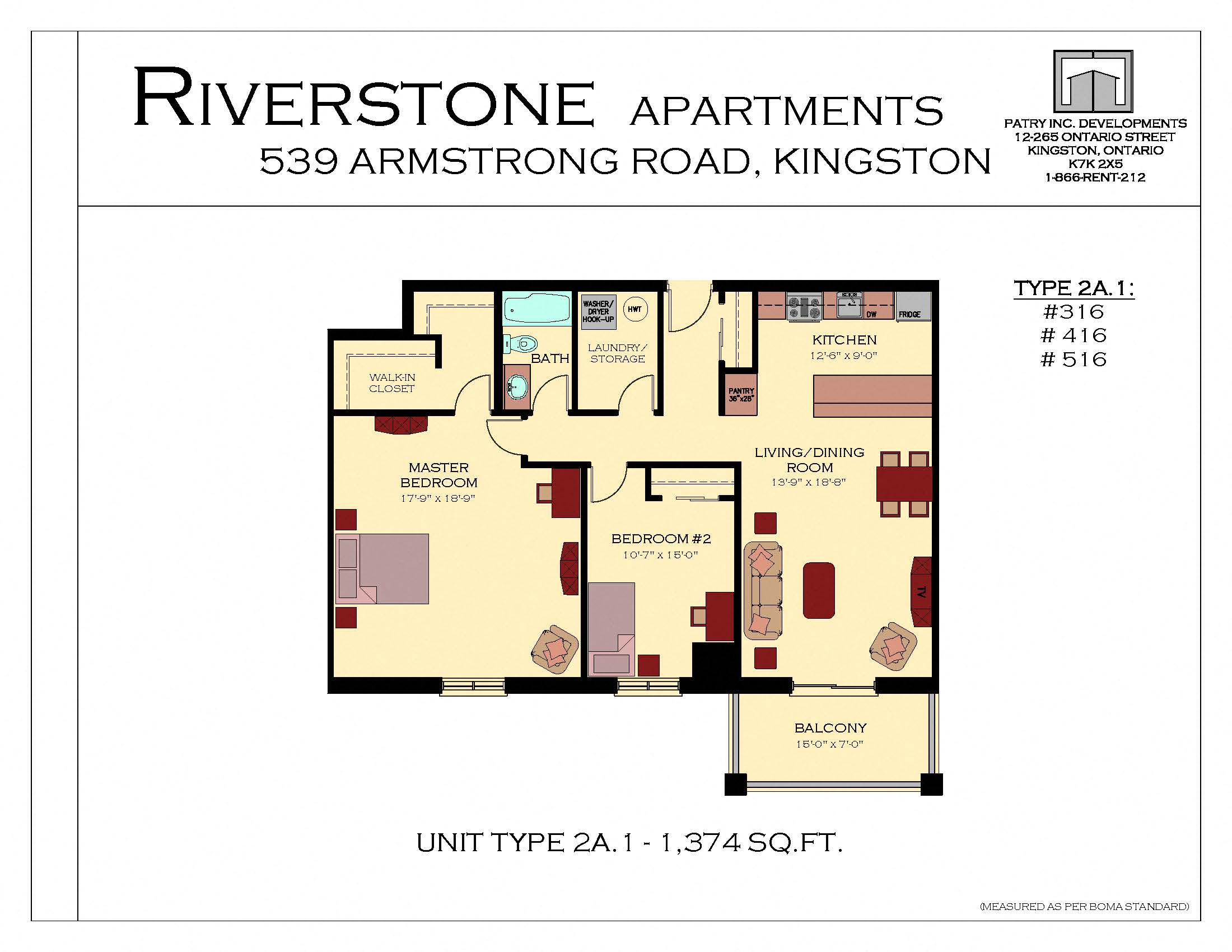 Floor plan for 2 beds, 1 bath, 1374 sqft